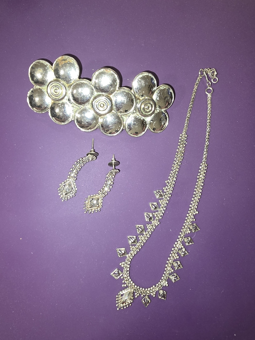 Silver-Tone Floral Barrette, Necklace & Drop Earrings Set - Silver